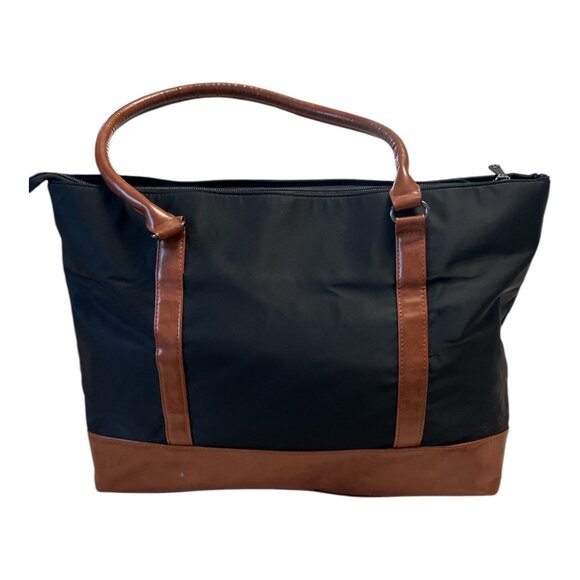 Relavel Black Nylon Tote Bag with Brown Faux Leather Trim – USB Port – Large Wor - Picture 2 of 7